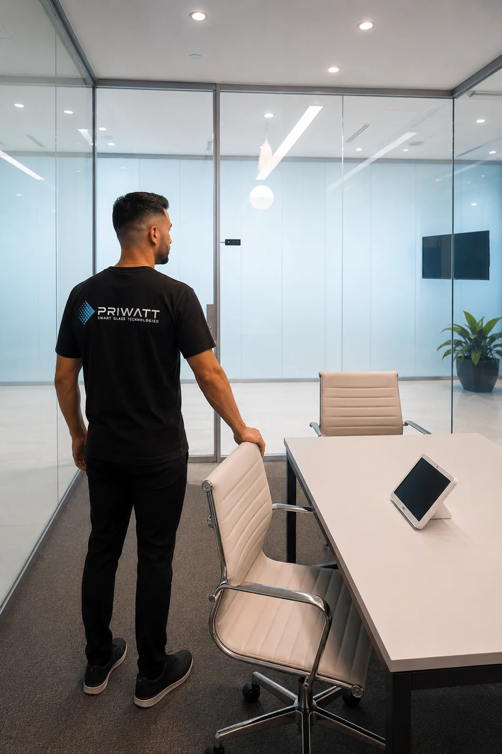 Conference room glazed with PriWatt PNLC smart glass