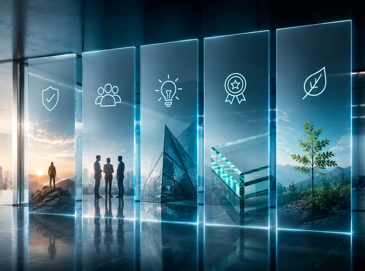PriWatt core values presented across illuminated glass panels