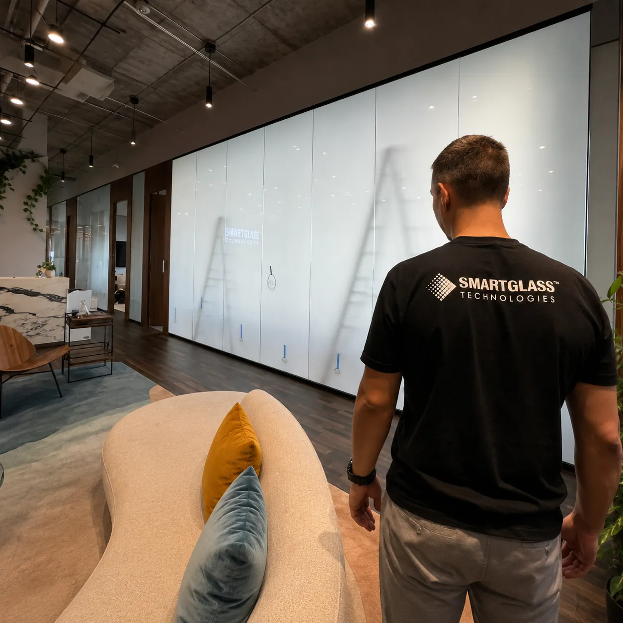 PriWatt technician installing smart film across a large glass wall