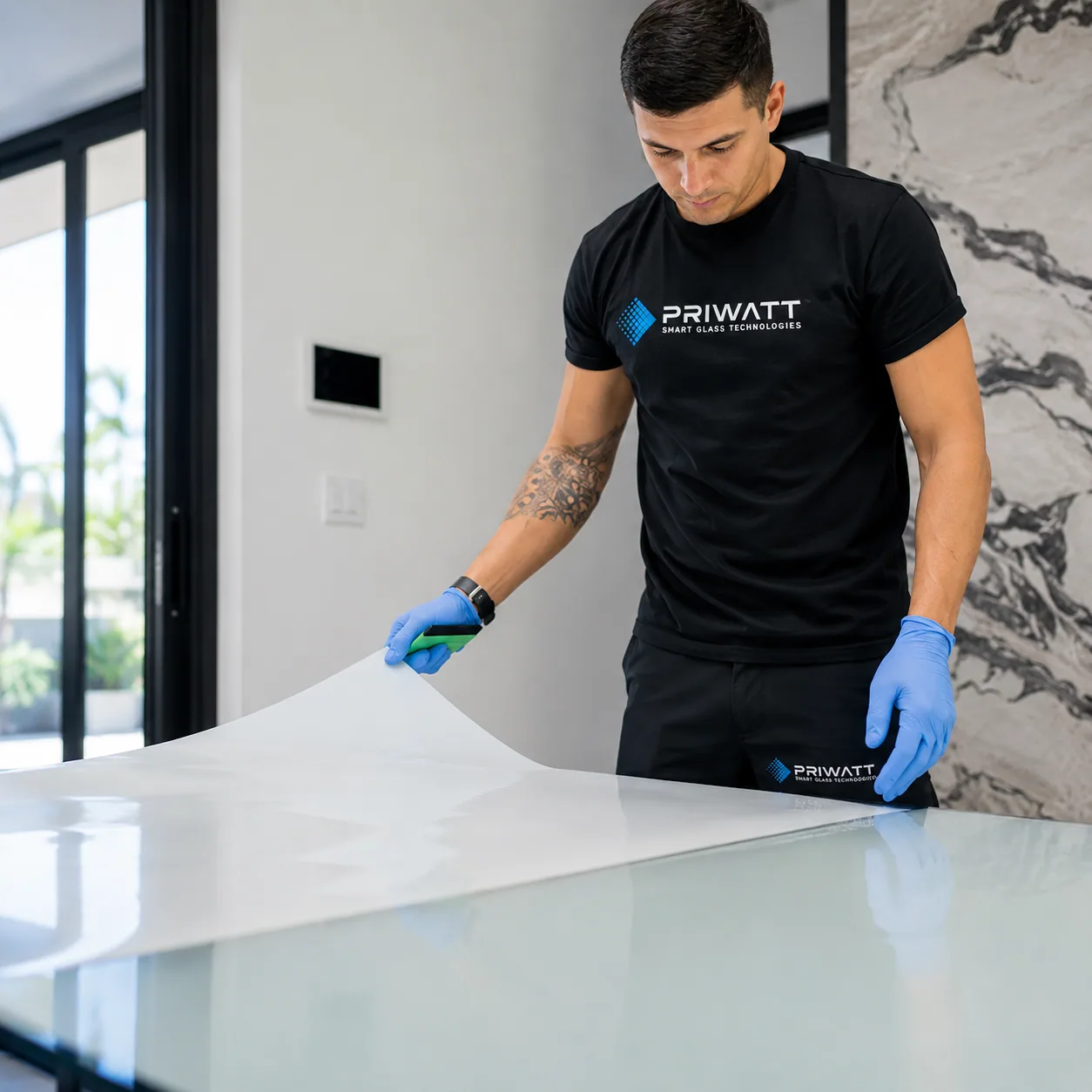 PriWatt technician preparing a sheet of switchable smart film