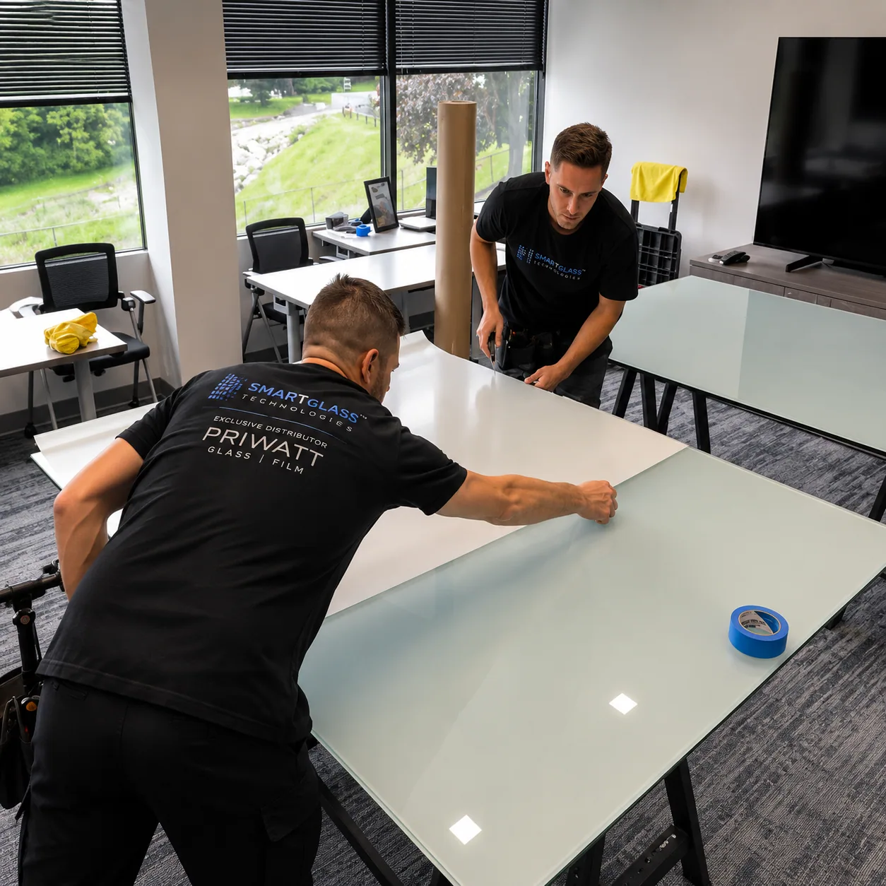 PriWatt technician unrolling switchable smart film on the bench