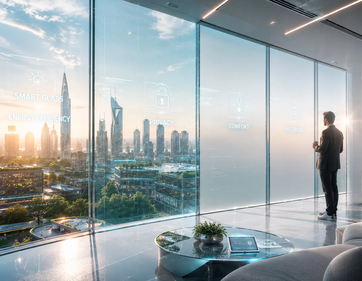 Panoramic office window glazed with PriWatt smart glass