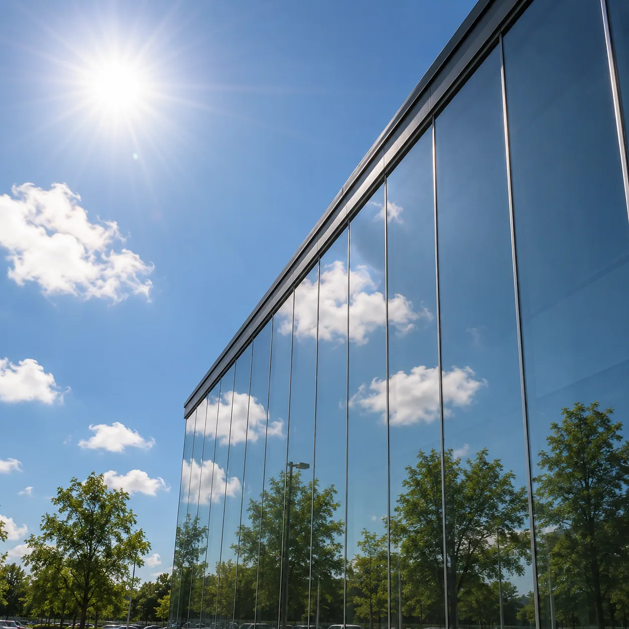 Glass curtain wall in full sun, showing PriWatt smart glass UV and solar protection