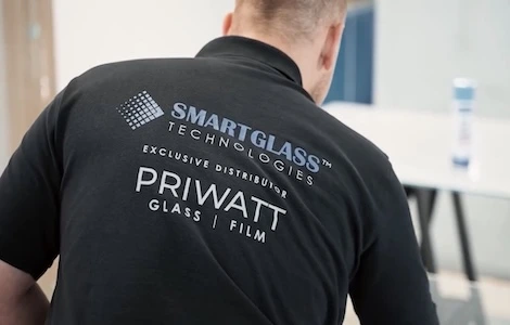 A Smart Glass Technologies shirt naming PriWatt glass and film