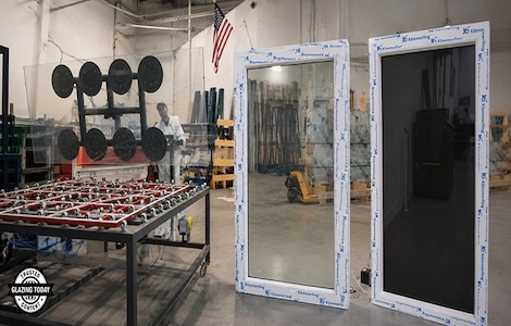 A glazed door assembly on the plant floor with one panel dark