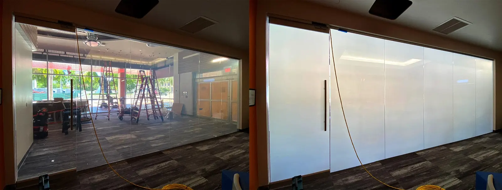The switchable glass wall of the lab in its private state