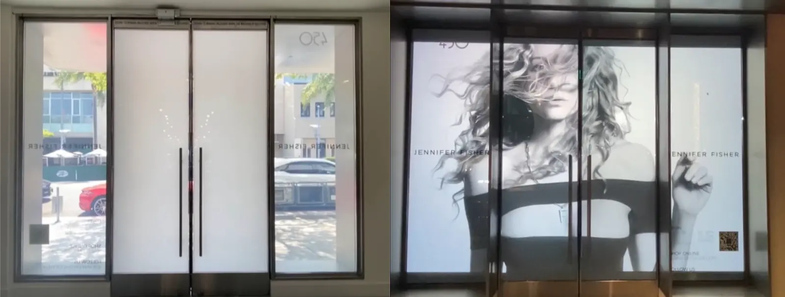 The shopfront of Jennifer Fisher Jewelry with the film in its clear state