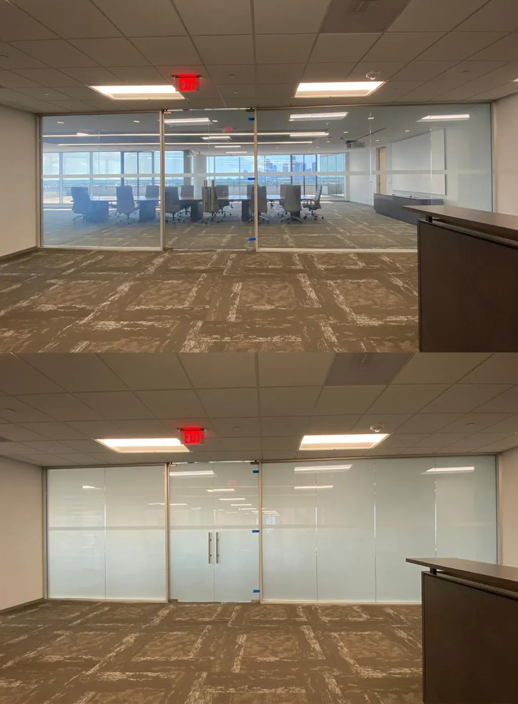 The conference room with the film switched to its private state